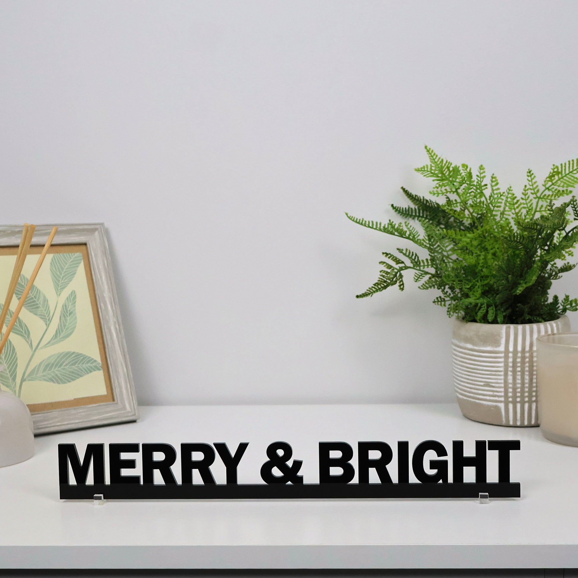 Festive hallway featuring MERRY & BRIGHT Christmas wall sign