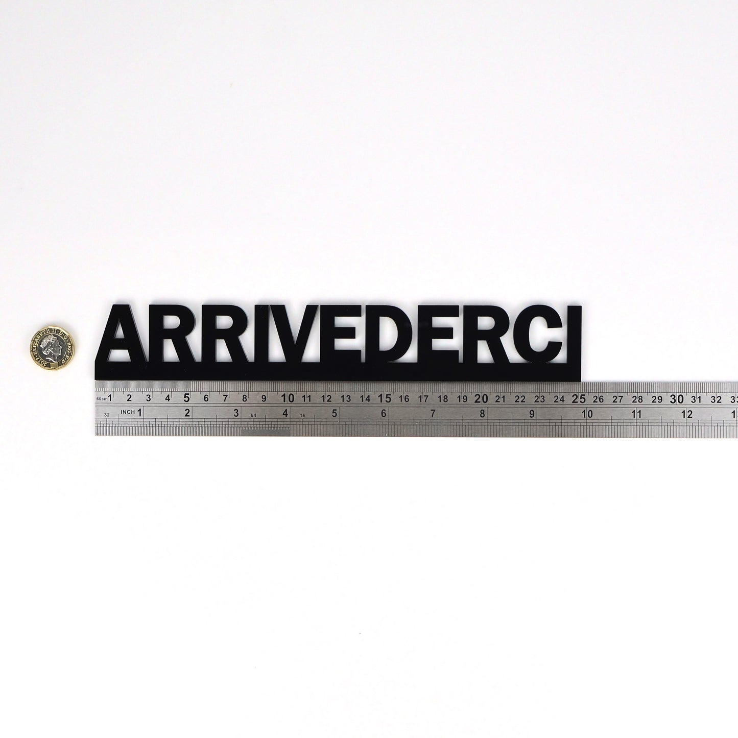 Size reference – sign beside ruler and pound coin