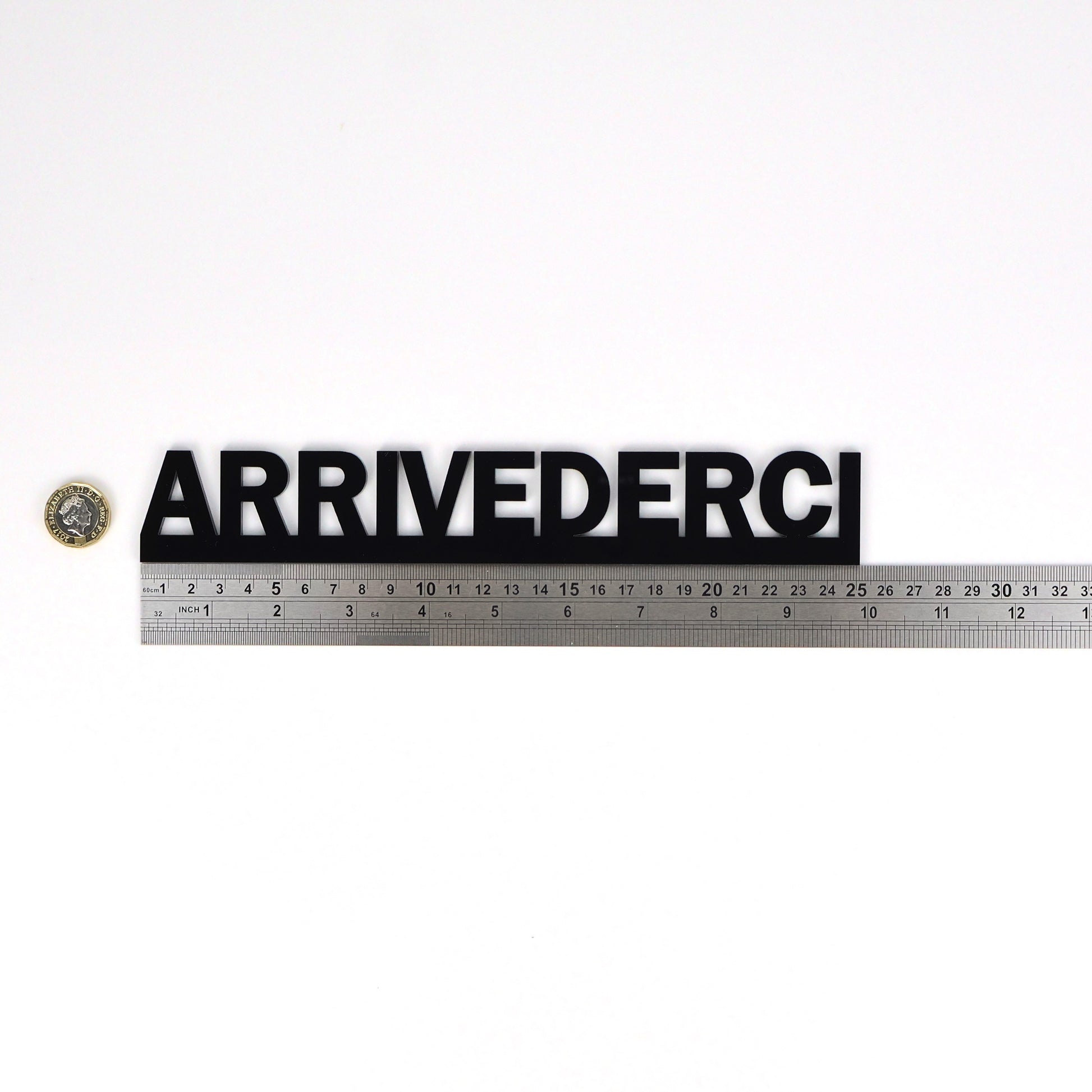 Size reference – sign beside ruler and pound coin