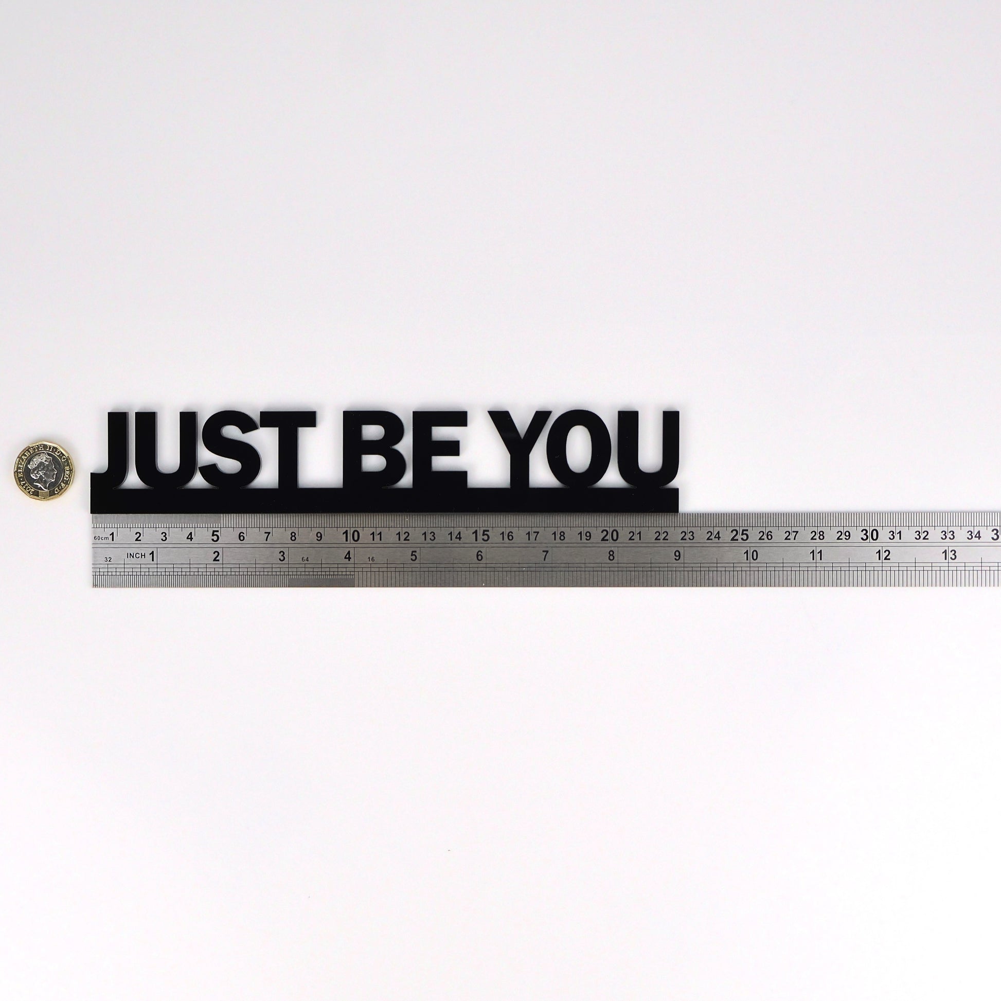 Size reference – sign beside ruler and pound coin